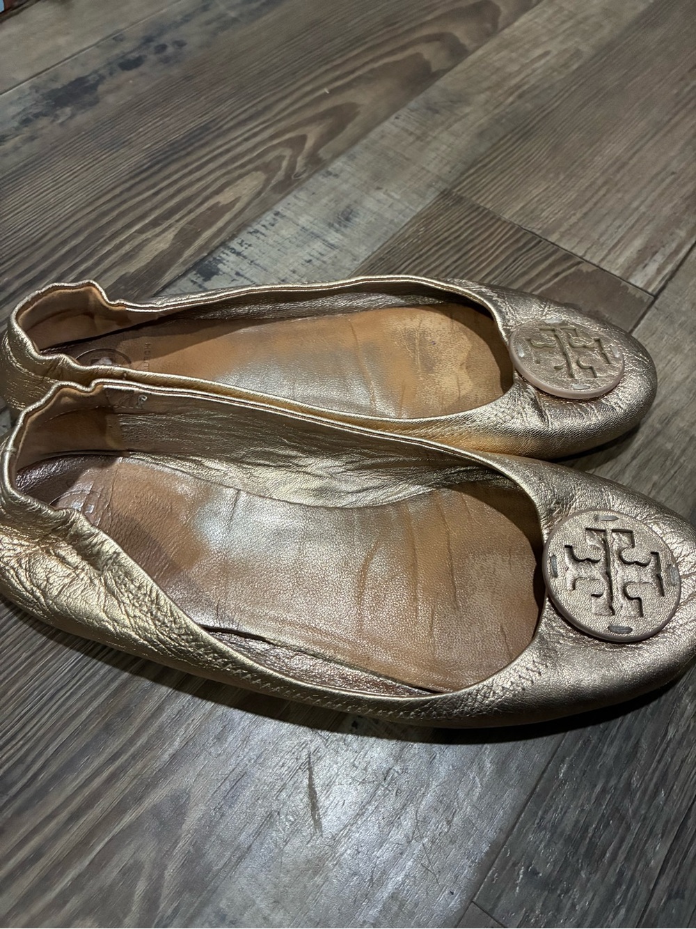 Tory Burch Metallic Gold Leather Logo Ballet Flats